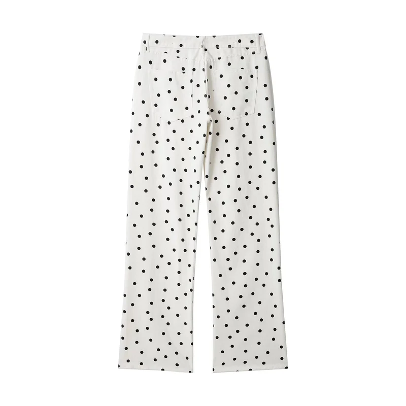Damen Jeanshose mit weitem Bein, hohem Bund und Polka‑Dot‑Print Drune