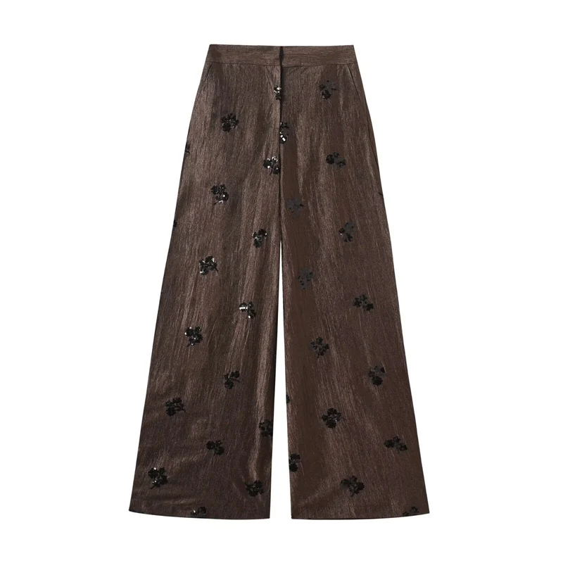 Damen Hochtaillierte Wide‑Leg‑Hose mit Glanzstruktur und Paillettenblüten Drune