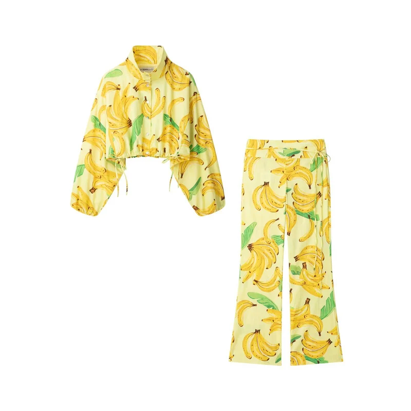 Damen Hochgeschnittene weite Schlaghose mit tropischem Bananenprint Drune