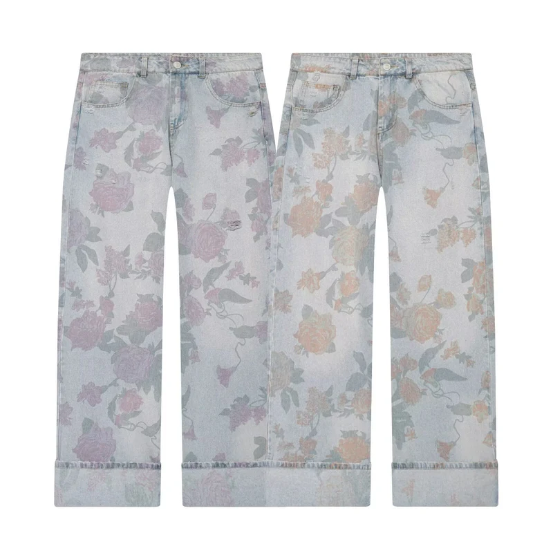 Damen Highwaist-Jeans mit weitem Bein, floralem Allover-Print und Umschlag Drune
