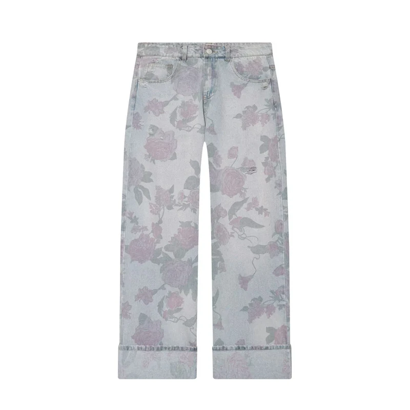 Damen Highwaist-Jeans mit weitem Bein, floralem Allover-Print und Umschlag Drune