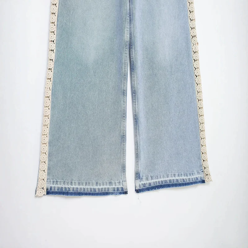 Damen Highwaist Cropped Wide‑Leg Jeans mit Häkelspitzen-Seitenstreifen Drune