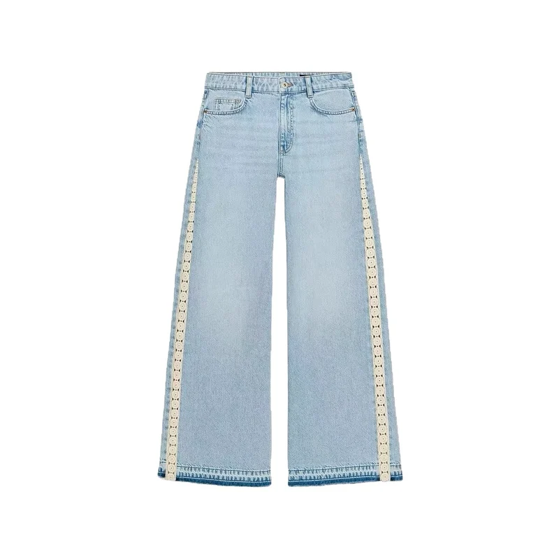 Damen Highwaist Cropped Wide‑Leg Jeans mit Häkelspitzen-Seitenstreifen Drune