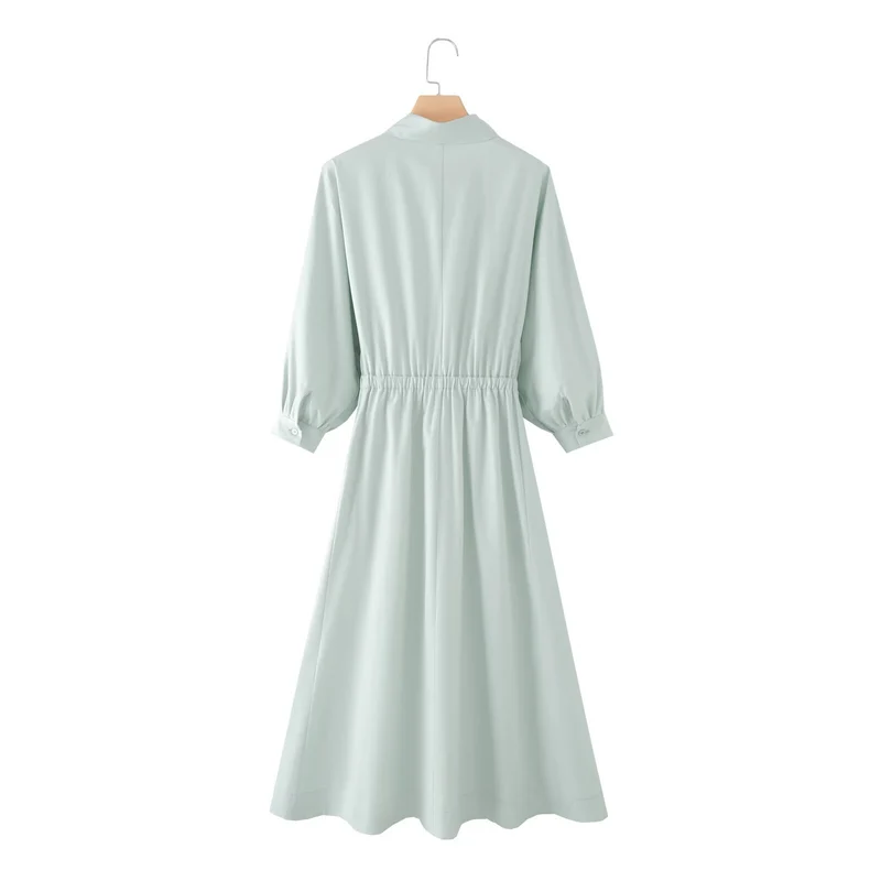 Damen Hemdblusenkleid mit ausgestellt-gebogtem Rock, 3/4-Ärmeln und Taillengürtel Drune