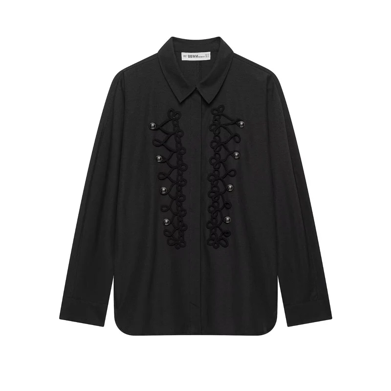 Damen Hemdbluse mit ornamentaler Froschverzierung und verdeckter Knopfleiste Drune