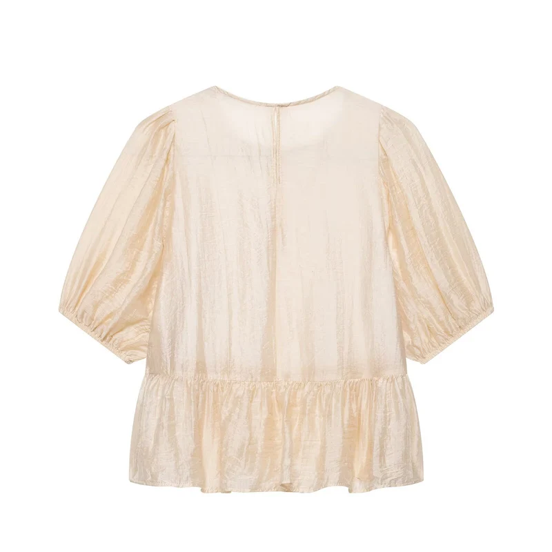 Damen Häkel-Overlay-Bluse mit Volant-Underlayer und Puffärmeln Drune