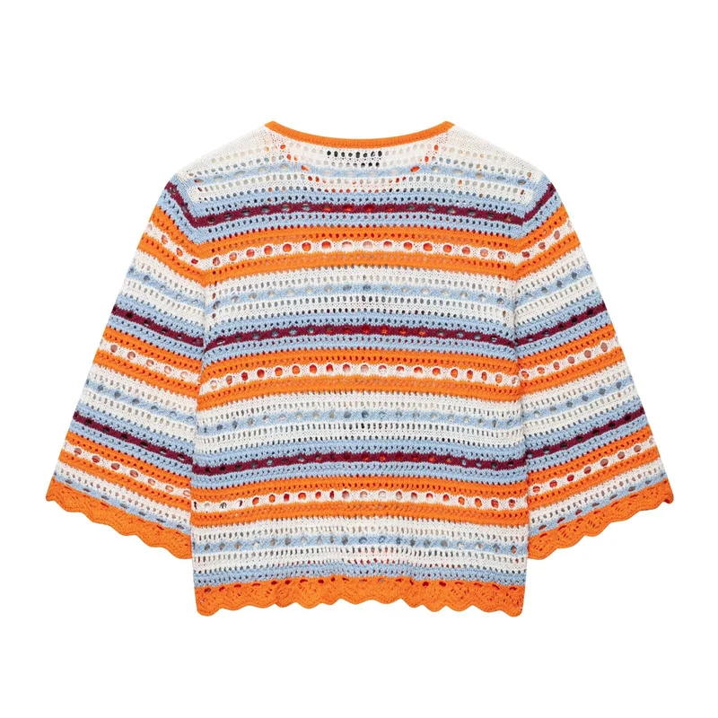 Damen Häkel-Cardigan Kurzarm mit Knopfleiste und Streifenstruktur Drune