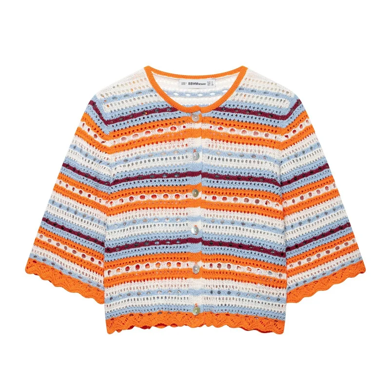 Damen Häkel-Cardigan Kurzarm mit Knopfleiste und Streifenstruktur Drune