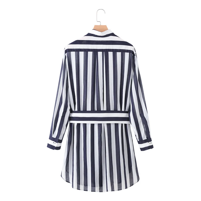 Damen Gestreiftes Hemdblusenkleid mit Taillengürtel und Langarm Drune