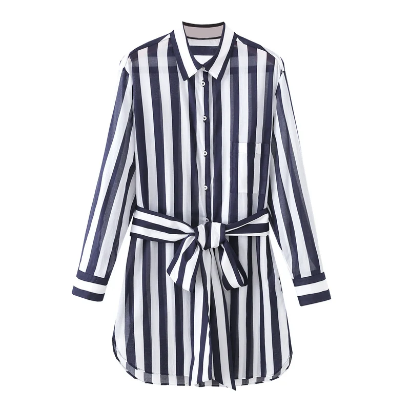 Damen Gestreiftes Hemdblusenkleid mit Taillengürtel und Langarm Drune