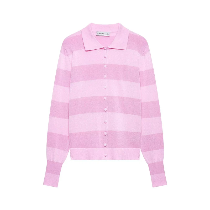 Damen Gestreifte Feinstrick-Cardigan mit Polokragen und bezogenen Knöpfen Drune