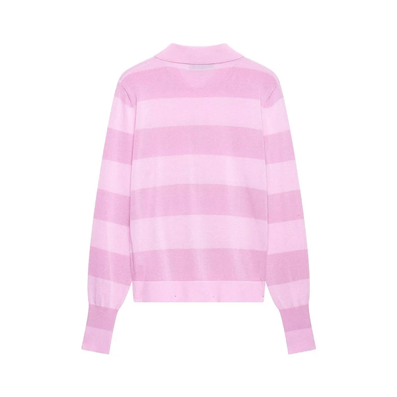 Damen Gestreifte Feinstrick-Cardigan mit Polokragen und bezogenen Knöpfen Drune