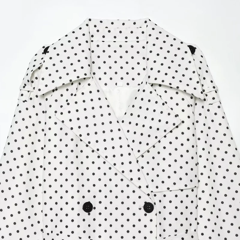 Damen Gepunkteter kurzgeschnittener Trenchcoat mit Taillengürtel und doppelreihiger Knopfleiste Drune
