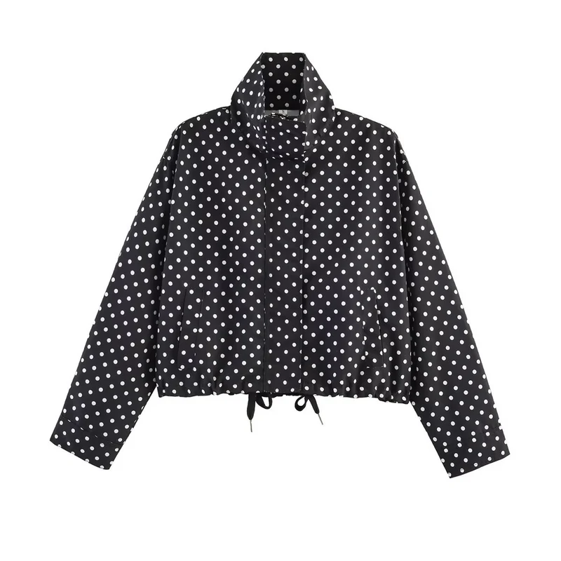 Damen Gepunktete Kurzjacke mit Stehkragen, verdeckter Frontleiste und Kordelzug Drune