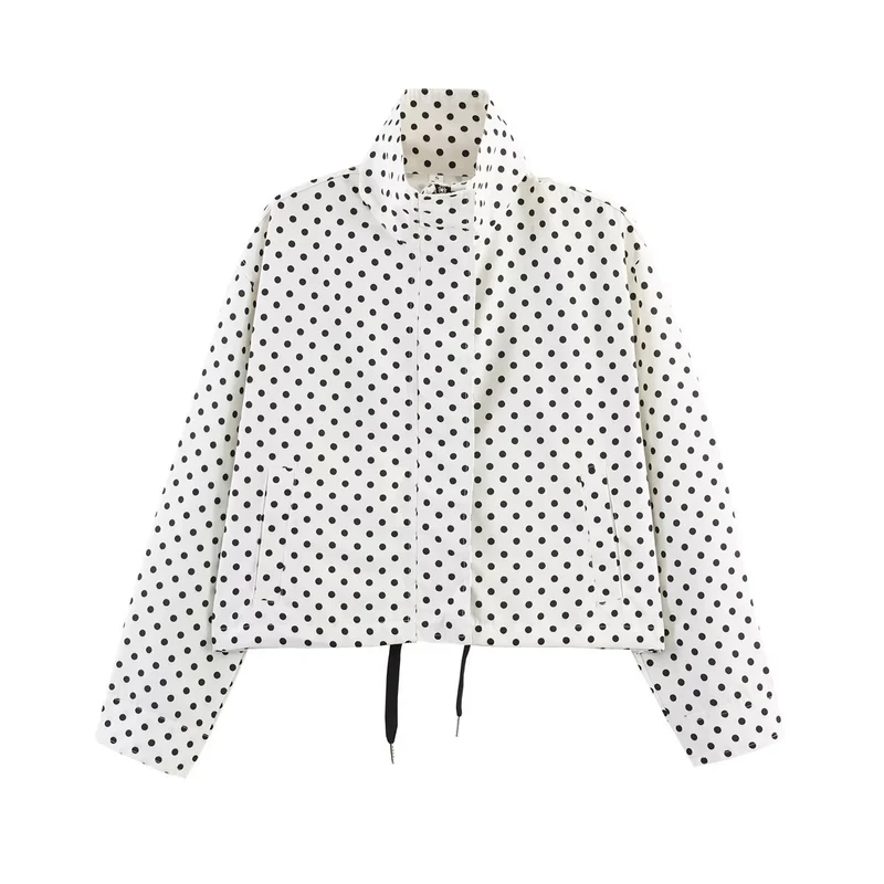 Damen Gepunktete Kurzjacke mit Stehkragen, verdeckter Frontleiste und Kordelzug Drune