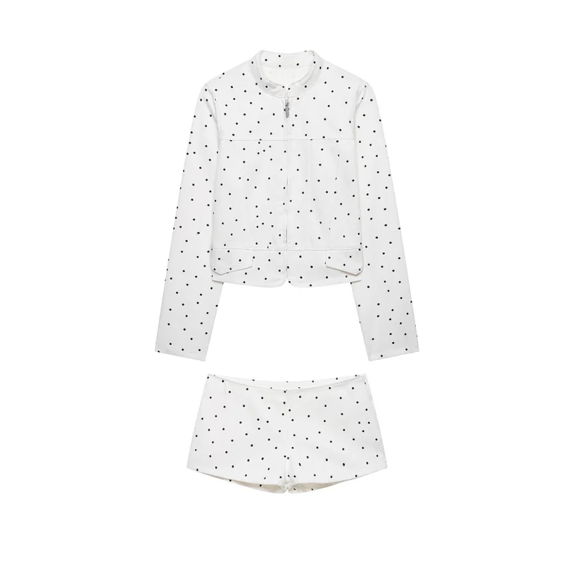 Damen Gepunktete Kurzjacke mit Stehkragen, Reißverschluss und Pattentaschen Drune