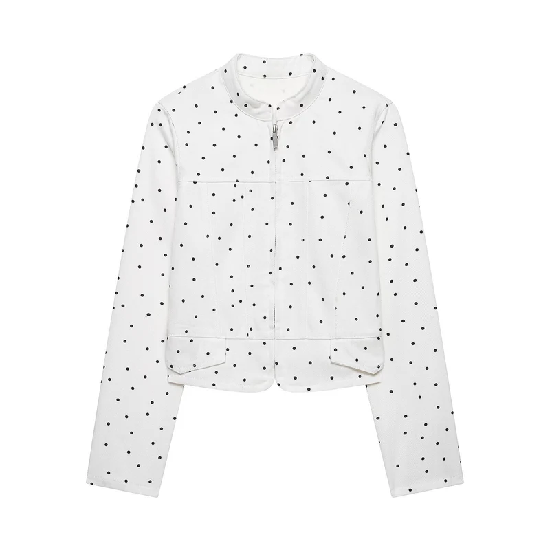 Damen Gepunktete Kurzjacke mit Stehkragen, Reißverschluss und Pattentaschen Drune