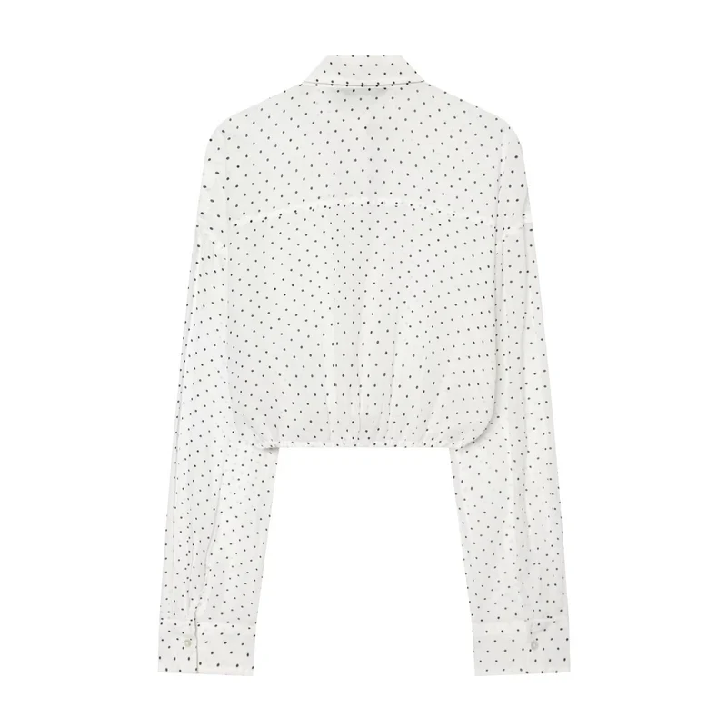 Damen Gepunktete Cropped-Bluse mit Kordelzug und Hemdkragen Drune