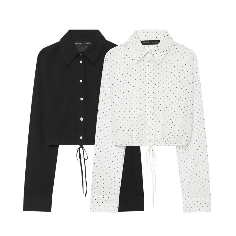 Damen Gepunktete Cropped-Bluse mit Kordelzug und Hemdkragen Drune