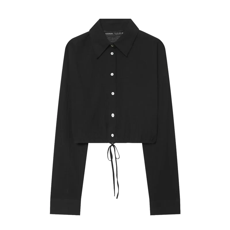 Damen Gepunktete Cropped-Bluse mit Kordelzug und Hemdkragen Drune