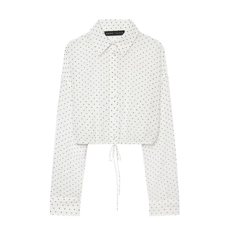 Damen Gepunktete Cropped-Bluse mit Kordelzug und Hemdkragen Drune