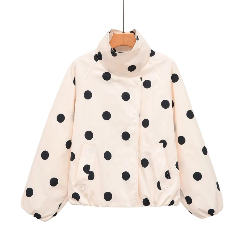 Damen Gepolsterte Oversize-Jacke mit hohem Stehkragen und Punkte-Print Drune