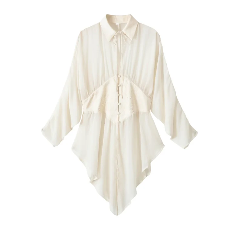 Damen fließende Tunika-Bluse mit geraffter Taille und spitzem Saum Drune
