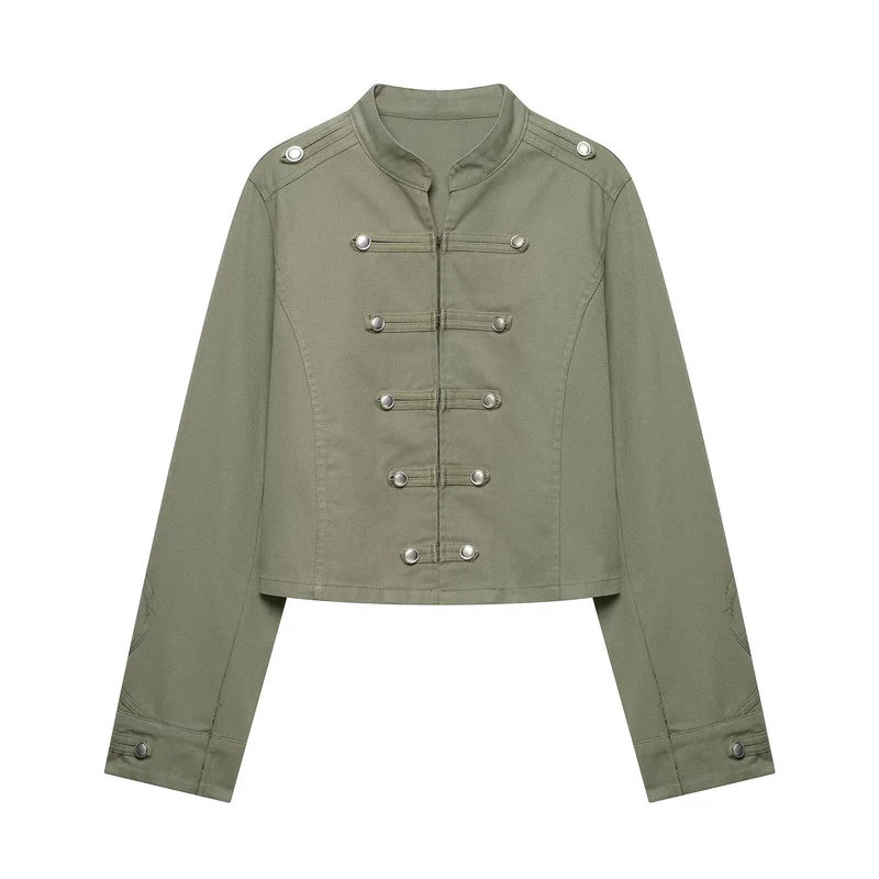 Damen Cropped Offiziersjacke im Military‑Look mit Stehkragen und dekorativen Druckknopfleisten Drune