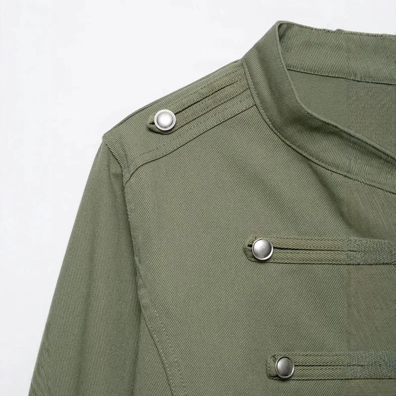 Damen Cropped Offiziersjacke im Military‑Look mit Stehkragen und dekorativen Druckknopfleisten Drune