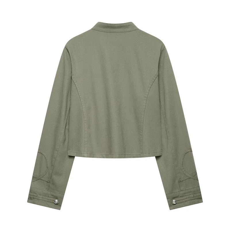 Damen Cropped Offiziersjacke im Military‑Look mit Stehkragen und dekorativen Druckknopfleisten Drune