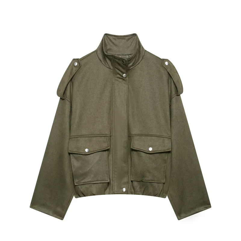 Damen Cropped Field-Jacke in Wildlederoptik mit Stehkragen, Schulterklappen und großen Pattentaschen Drune