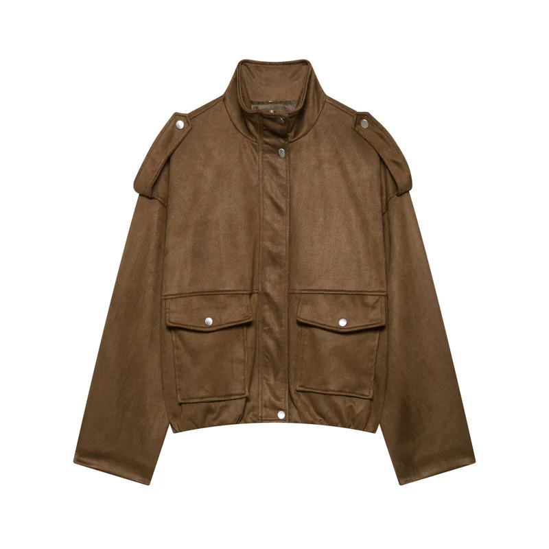 Damen Cropped Field-Jacke in Wildlederoptik mit Stehkragen, Schulterklappen und großen Pattentaschen Drune