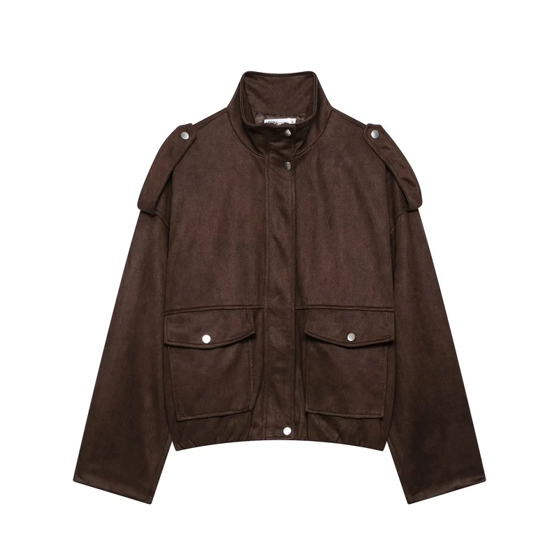 Damen Cropped Field-Jacke in Wildlederoptik mit Stehkragen, Schulterklappen und großen Pattentaschen Drune