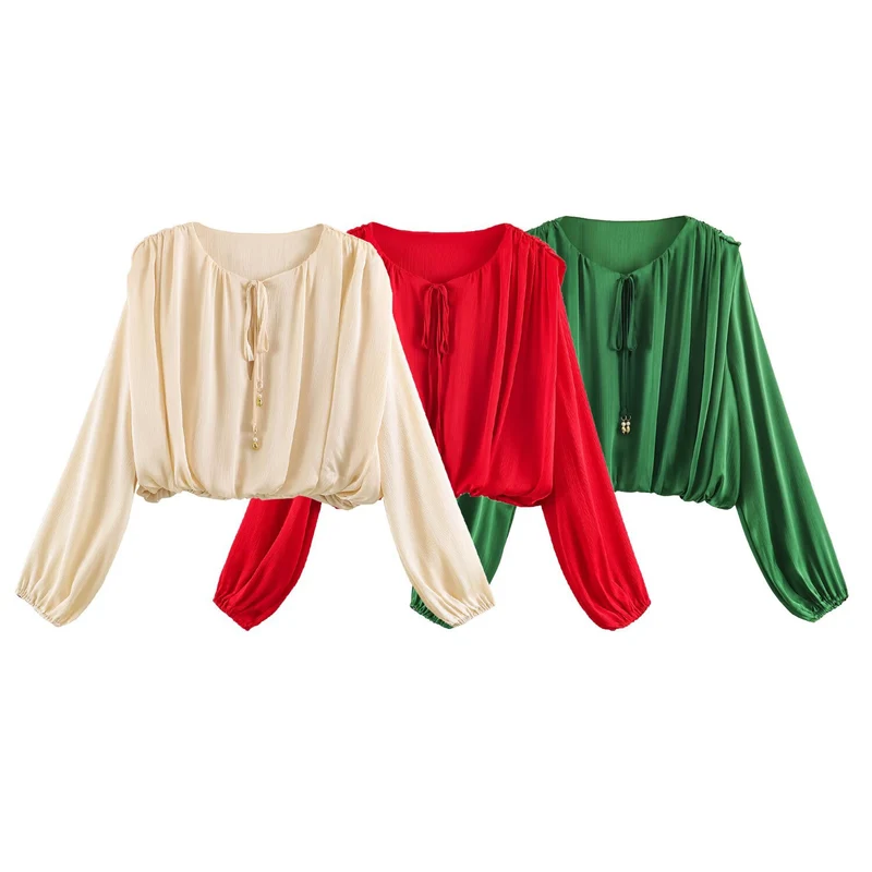 Damen Cropped-Bluse im Boho-Stil mit Kordelbindung, Ballonärmeln und Gummizug Drune