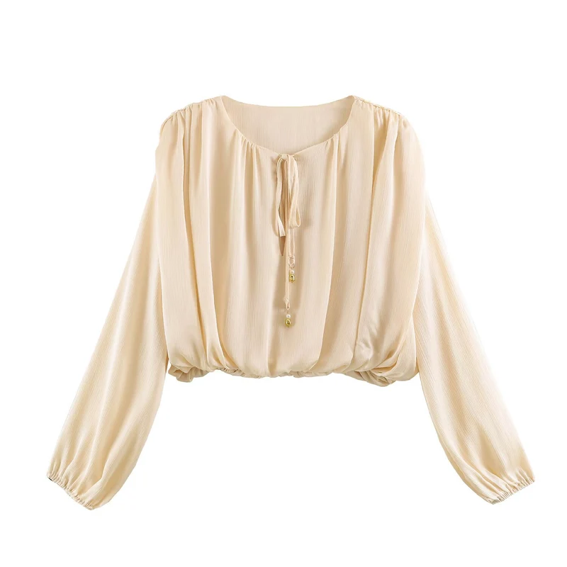 Damen Cropped-Bluse im Boho-Stil mit Kordelbindung, Ballonärmeln und Gummizug Drune