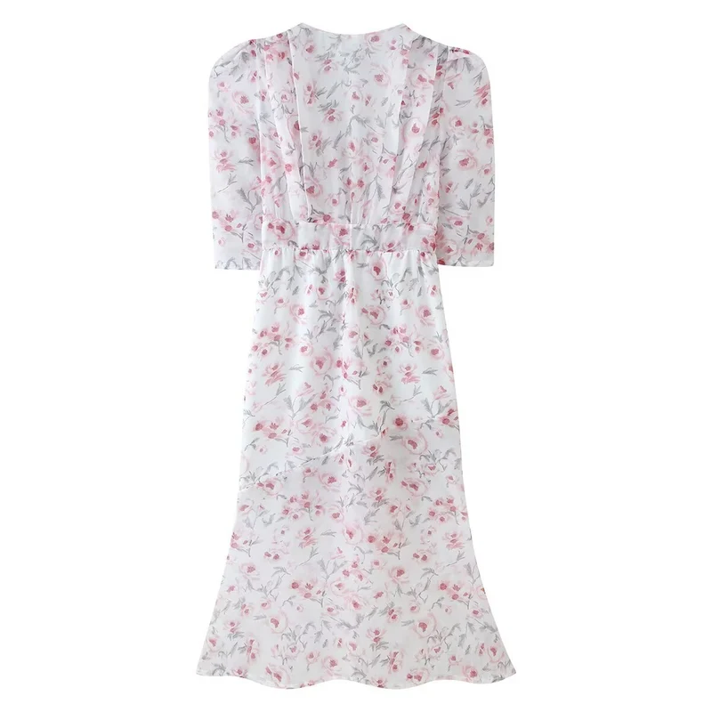 Damen Chiffon-Midikleid mit floraler Allover‑Optik, V‑Ausschnitt und geraffter Taille Drune
