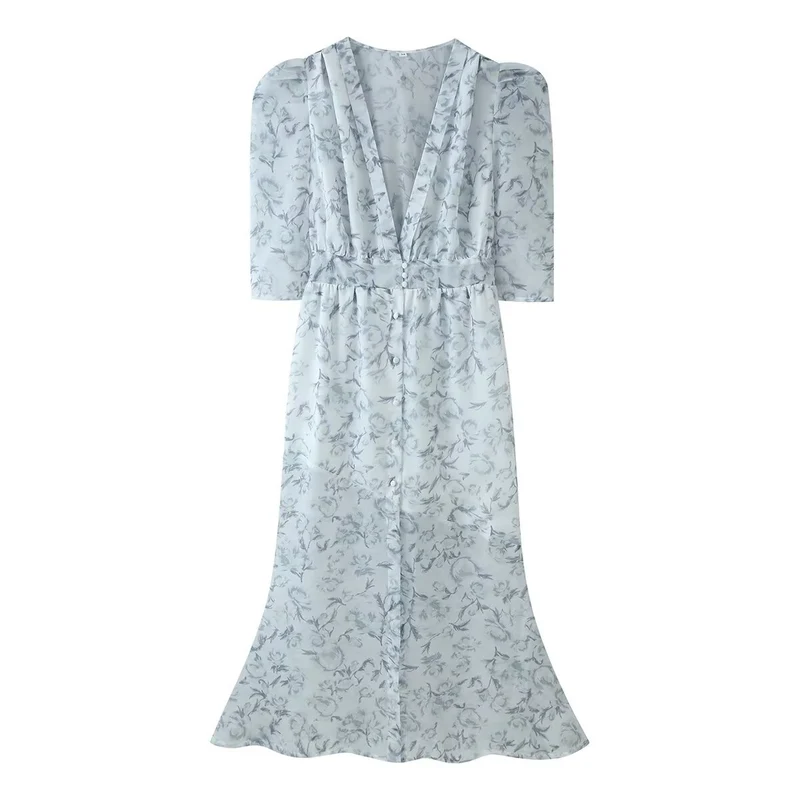 Damen Chiffon-Midikleid mit floraler Allover‑Optik, V‑Ausschnitt und geraffter Taille Drune