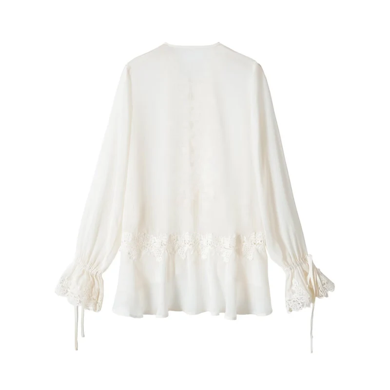 Damen Boho-Spitzenbluse mit Volants, langen Rüschenärmeln und Bindebändern Drune