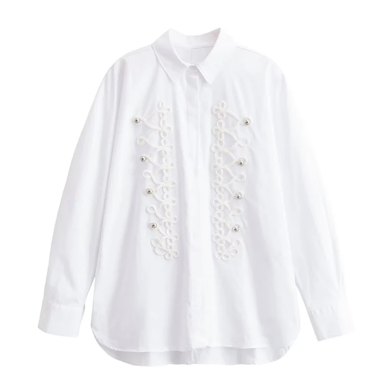 Damen Bluse mit dekorativen Froschverschlüssen und Zierkordeln Drune