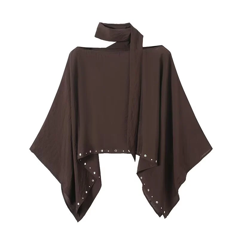 Damen Asymmetrisches Poncho‑Cape mit Bindeschal und Ösenbesatz Drune