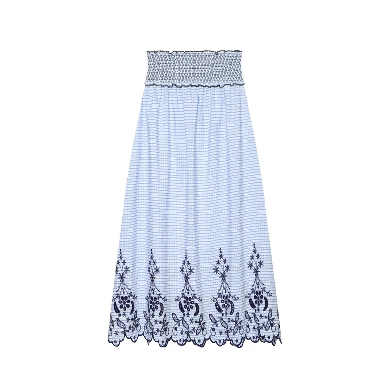 Damen Ärmelloses Maxikleid mit Smokoberteil und floraler Stickerei am Saum Drune