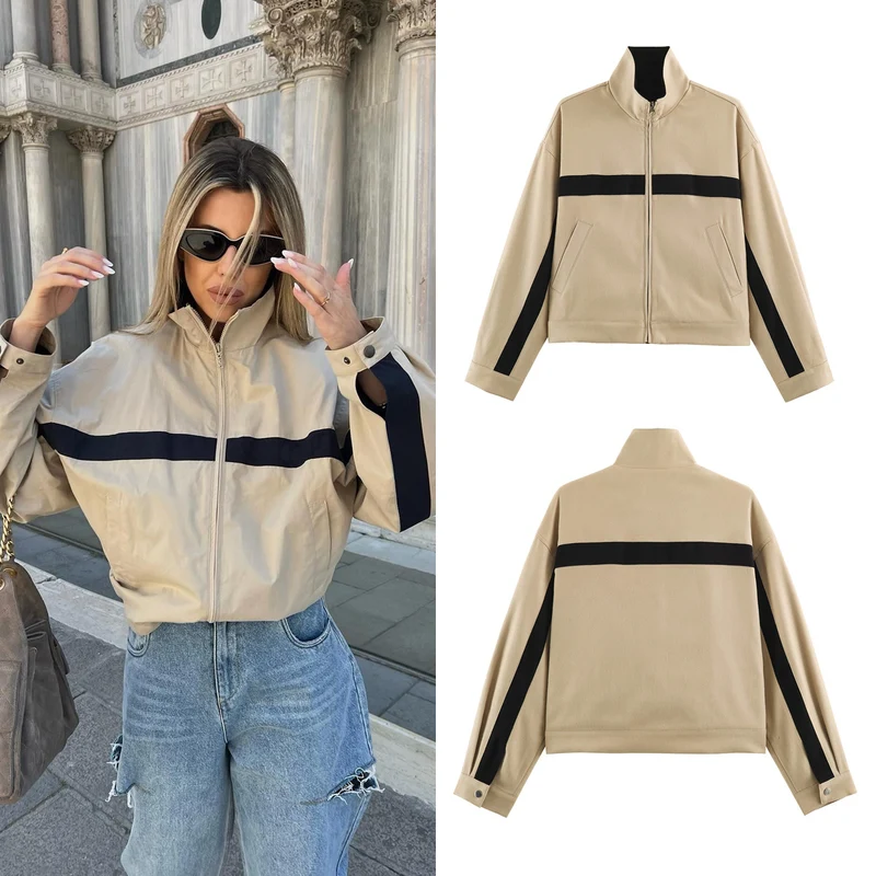 Unisex Kurz geschnittene Trackjacke mit Stehkragen, Kontraststreifen und Reißverschluss Drune
