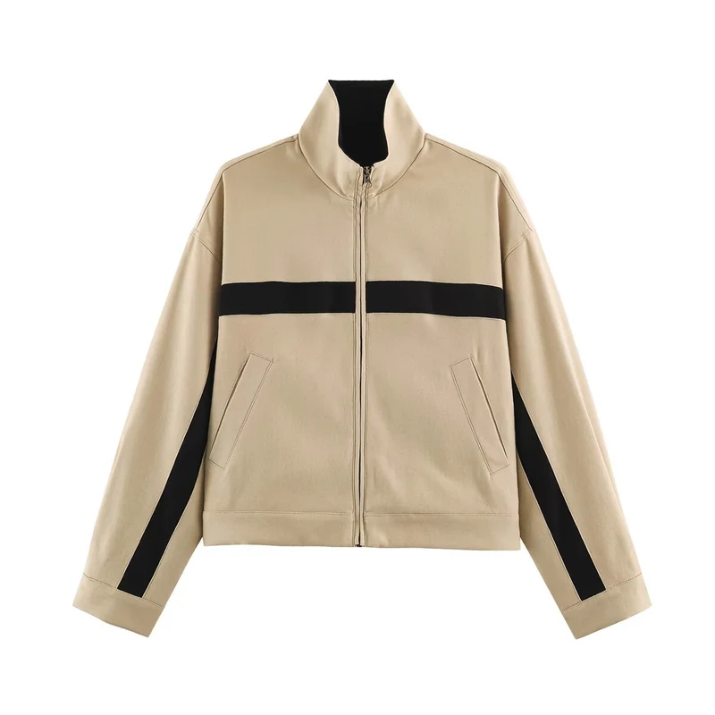 Unisex Kurz geschnittene Trackjacke mit Stehkragen, Kontraststreifen und Reißverschluss Drune