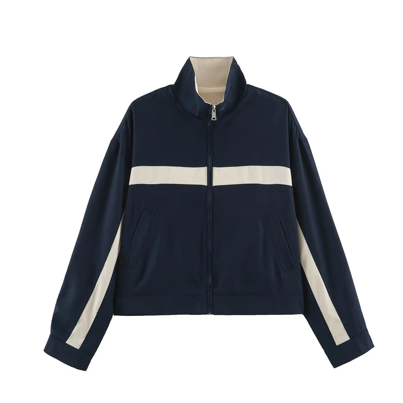 Unisex Kurz geschnittene Trackjacke mit Stehkragen, Kontraststreifen und Reißverschluss Drune