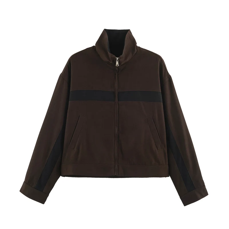 Unisex Kurz geschnittene Trackjacke mit Stehkragen, Kontraststreifen und Reißverschluss Drune