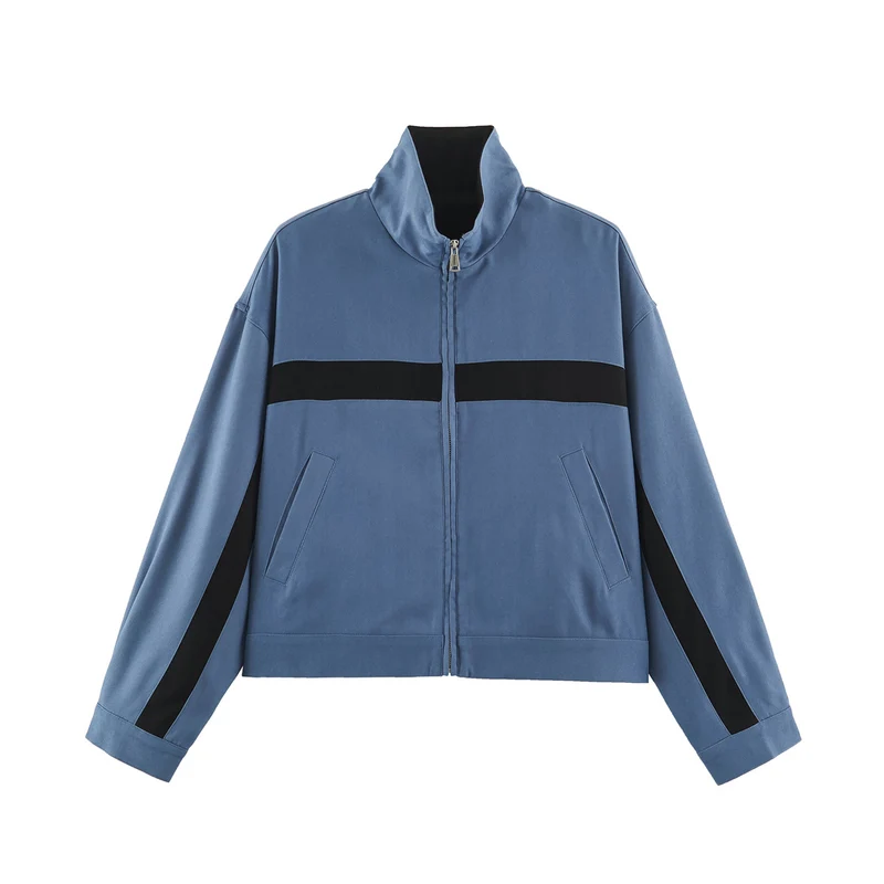 Unisex Kurz geschnittene Trackjacke mit Stehkragen, Kontraststreifen und Reißverschluss Drune