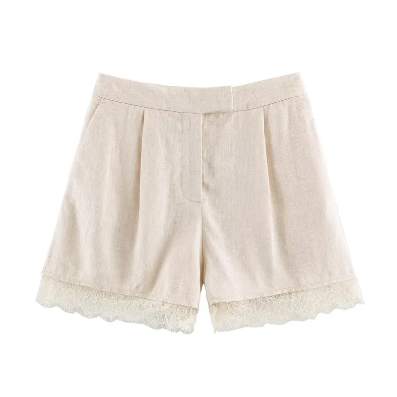Damen Zweiteiler Kurzblazer mit V-Ausschnitt und Spitzenbesatz sowie hochtaillierte Bundfalten-Shorts Drune