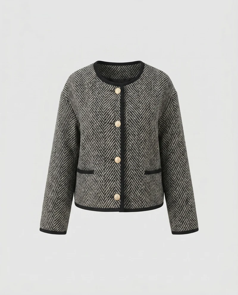 Damen stilvolle Jacke mit strukturiertem Hahnentritt und stilvollen Knopfdetails