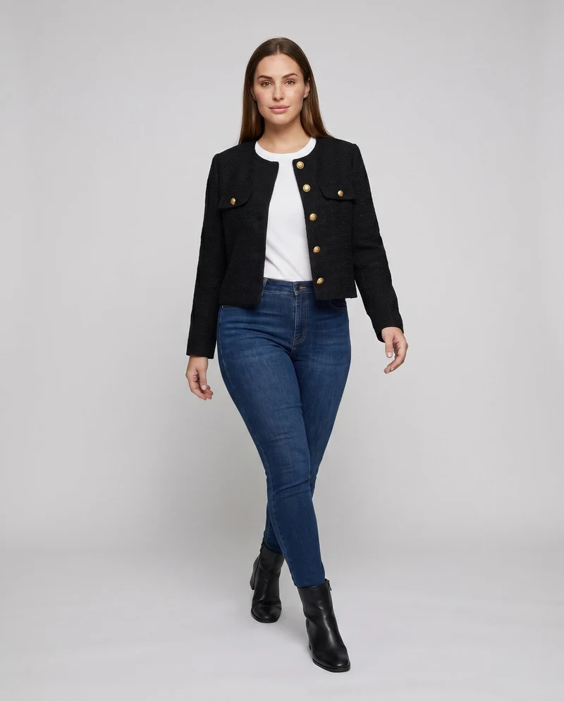 Damen Strukturierte Boucle-Jacke mit Goldenen Knöpfen und Taschen