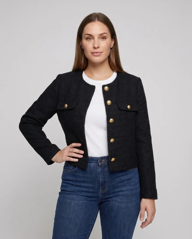 Damen Strukturierte Boucle-Jacke mit Goldenen Knöpfen und Taschen